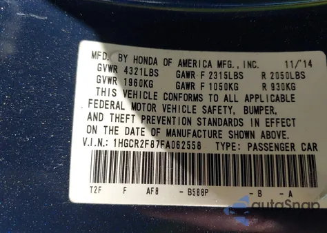 2015 Honda Accord Ex-L из США, поврежденный, VIN 1HGCR2F87FA062558